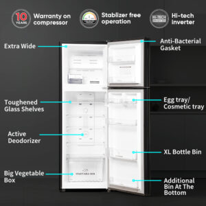 SHARP 265 L 2 Star 7 in 1 Convertible mode Frost Free Double Door Refrigerator | Japan 7 Shield Protection | Hi-Tech Inverter | ISI Certified Mirror Glass Finish Door | (Galaxy Strom, SJ-FF305V2-GKG)