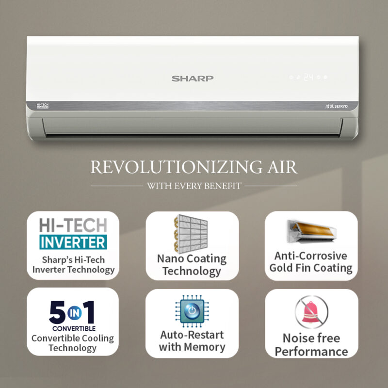 SHARP 2.0 Ton, 3 Star, Split Air Conditioner with Seiryo, Convertible 5-in-1 Cooling, Copper Condenser, AH-SI19V3B-GC