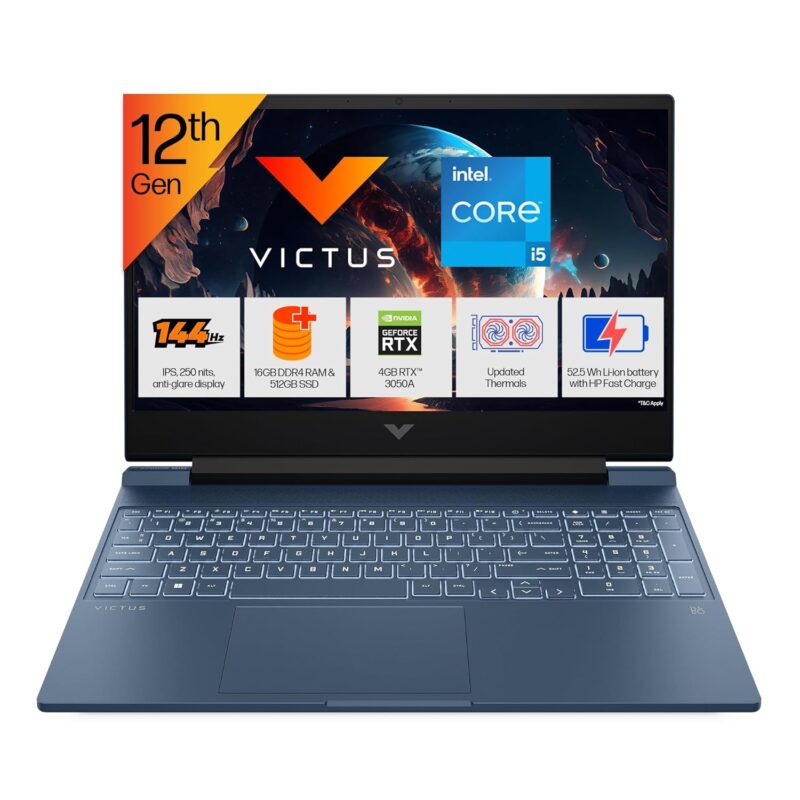 HP Victus, 12th Gen Intel Core i5-12450H, RTX 3050 (16GB DDR4, 512GB SSD) FHD, IPS, 144Hz, 15.6"/39.6cm, Win 11, Office 21, Blue, 2.3kg, fa1412tx, B&O Audio, Backlit Gaming Laptop