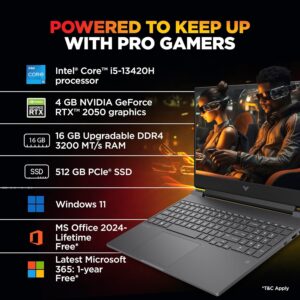 HP Victus, 13th Gen Intel Core i5-13420H, 4GB RTX 2050, 16GB DDR4 (Upgradeable) 512GB SSD, 144Hz, IPS, 300 nits, FHD, 15.6''/39.6cm, Win11, M365* Office24, Mica Silver, 2.3kg, fa2703tx Gaming Laptop