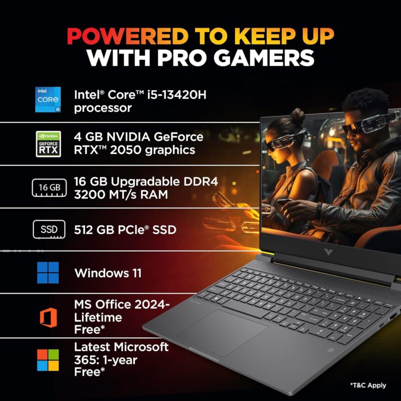 HP Victus, 13th Gen Intel Core i5-13420H, 4GB RTX 2050, 16GB DDR4 (Upgradeable) 512GB SSD, 144Hz, IPS, 300 nits, FHD, 15.6''/39.6cm, Win11, M365* Office24, Mica Silver, 2.3kg, fa2703tx Gaming Laptop