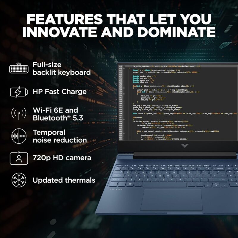 HP Victus, 12th Gen Intel Core i5-12450H, RTX 3050 (16GB DDR4, 512GB SSD) FHD, IPS, 144Hz, 15.6"/39.6cm, Win 11, Office 21, Blue, 2.3kg, fa1412tx, B&O Audio, Backlit Gaming Laptop